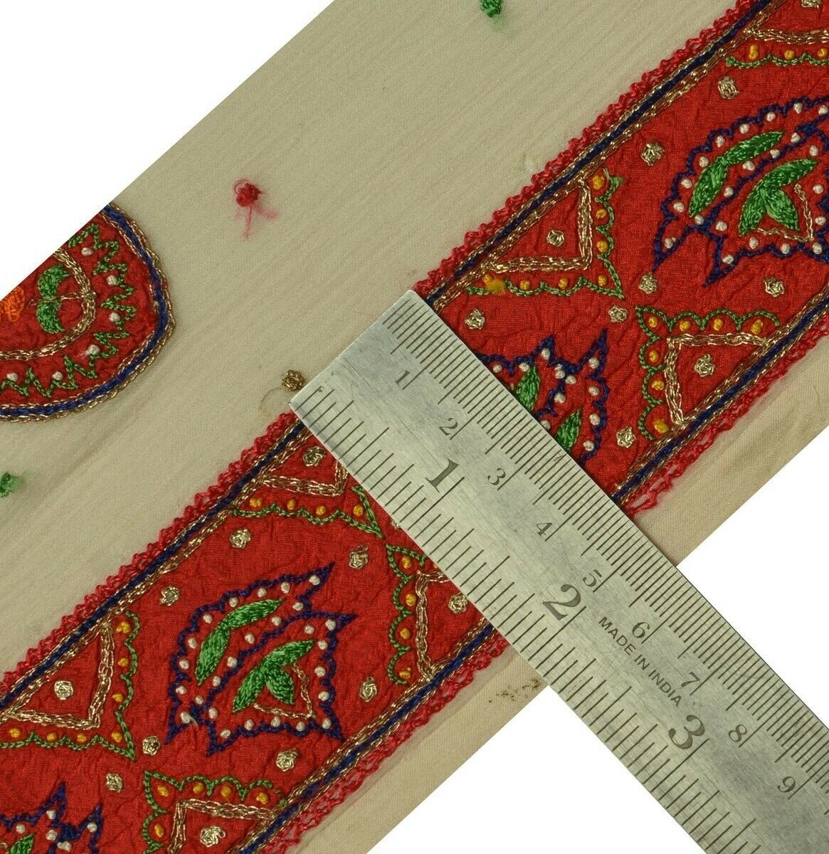 Vintage Sari Border Indian Craft Trim Hand Embroidered Sewing Ribbon Lace Red