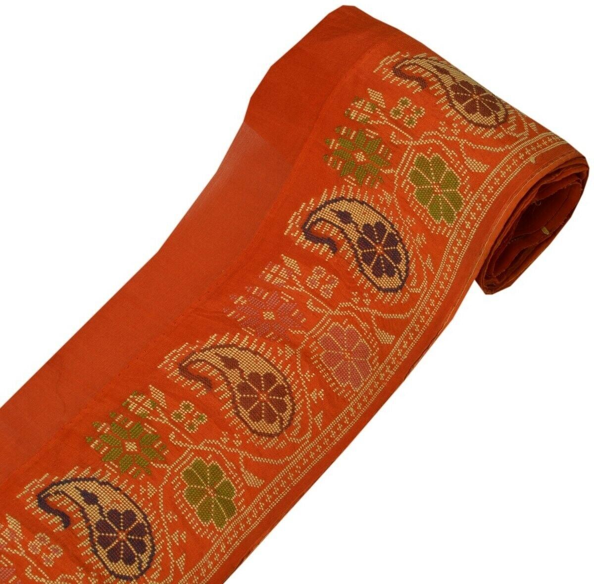 Vintage Sari Border Indian Craft Trim Woven Paisley Pure Silk Deep Orange Ribbon