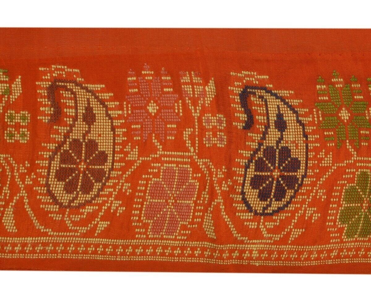 Vintage Sari Border Indian Craft Trim Woven Paisley Pure Silk Deep Orange Ribbon