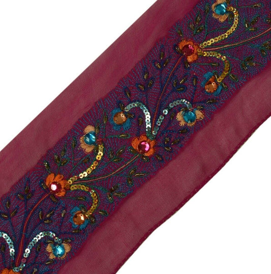 Vintage Sari Border Indian Craft Trim Hand Beaded Embroidered Purple Ribbon Lace