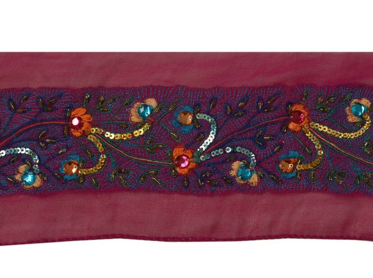 Vintage Sari Border Indian Craft Trim Hand Beaded Embroidered Purple Ribbon Lace