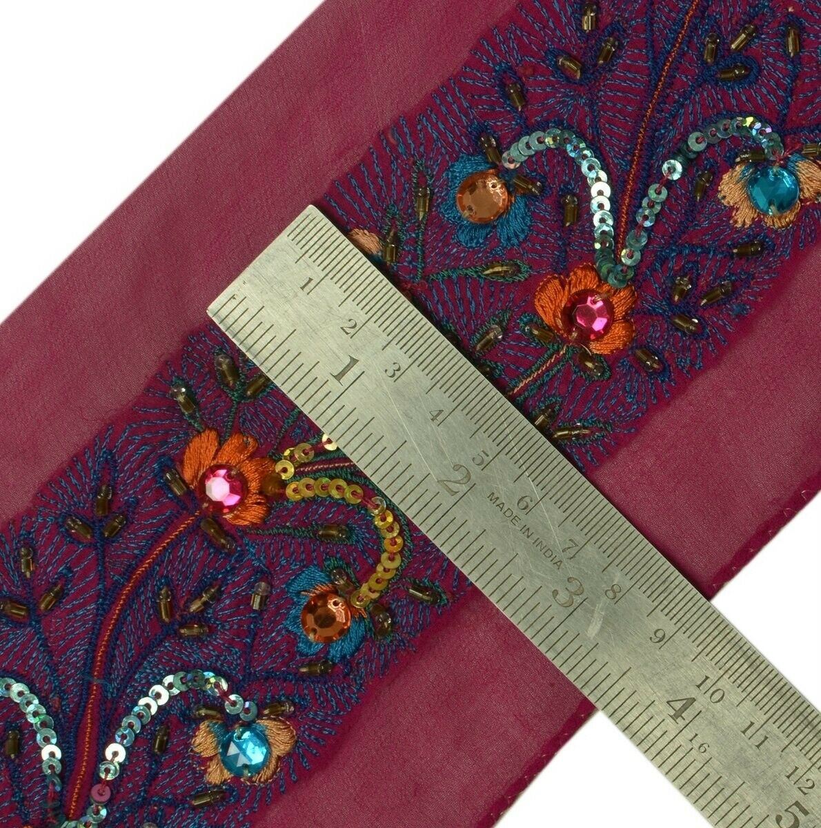 Vintage Sari Border Indian Craft Trim Hand Beaded Embroidered Purple Ribbon Lace