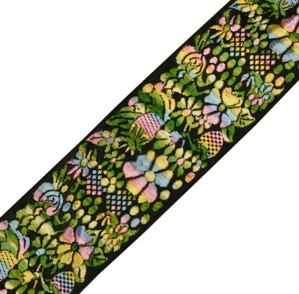 Vintage Saree Border Indian Craft Trim Woven Floral Black Ribbon Lace