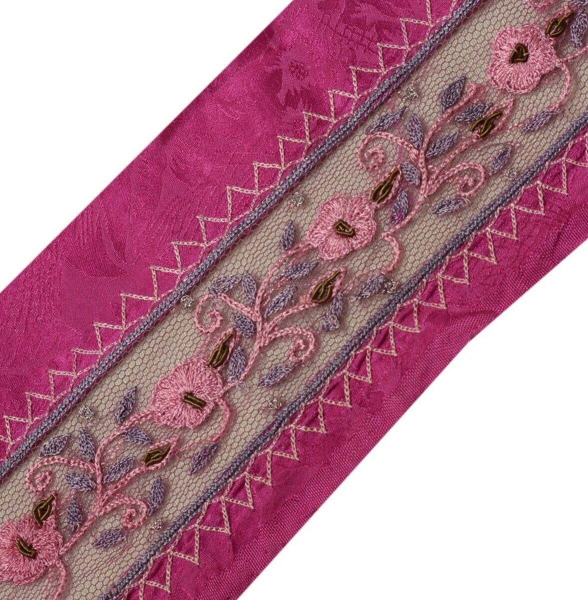 Vintage Sari Border Indian Craft Trim Embroidered Pure Crepe Net Patch Lace Pink