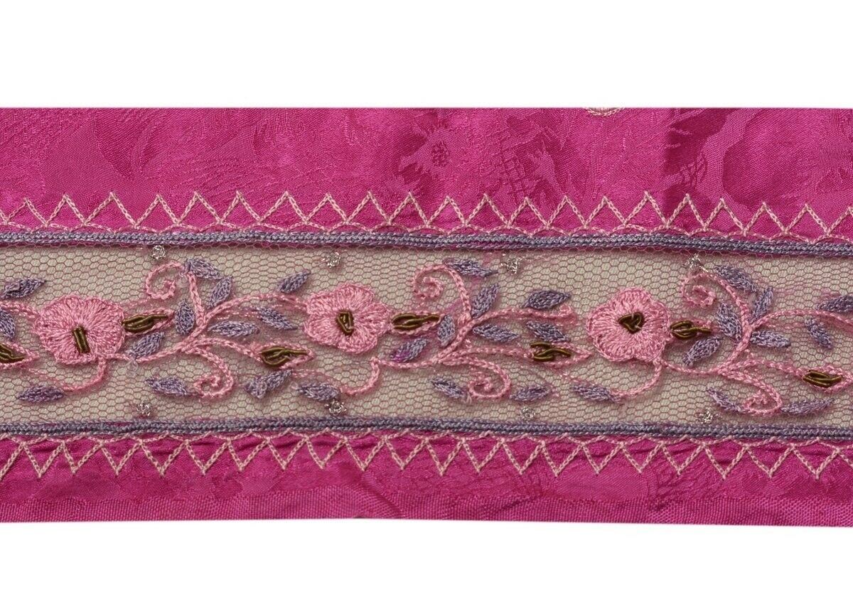 Vintage Sari Border Indian Craft Trim Embroidered Pure Crepe Net Patch Lace Pink