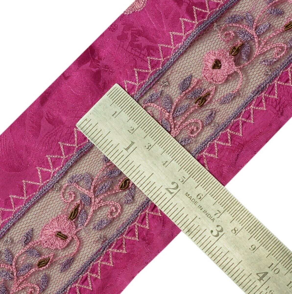 Vintage Sari Border Indian Craft Trim Embroidered Pure Crepe Net Patch Lace Pink