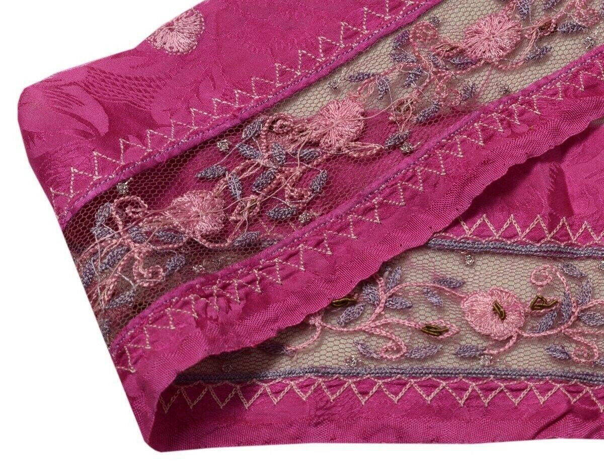 Vintage Sari Border Indian Craft Trim Embroidered Pure Crepe Net Patch Lace Pink