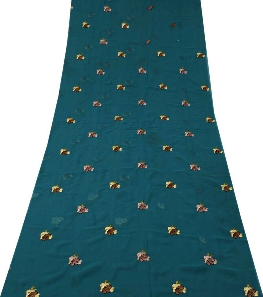 Blend Georgette Vintage Sari Remnant Scrap Fabric for Sewing Craft Teal Blue