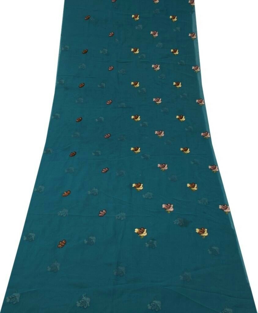 Blend Georgette Vintage Sari Remnant Scrap Fabric for Sewing Craft Teal Blue