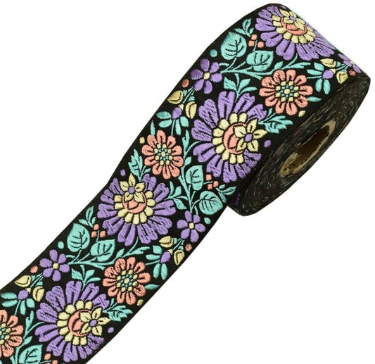 1 Yard Sari Border Indian Craft Trim Sewing Floral Ribbon Lace Edging Tape Black