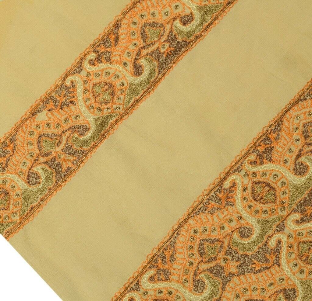 Vintage Saree Remnant Scrap Multi Purpose Embroidered Cream Craft Design Fabric