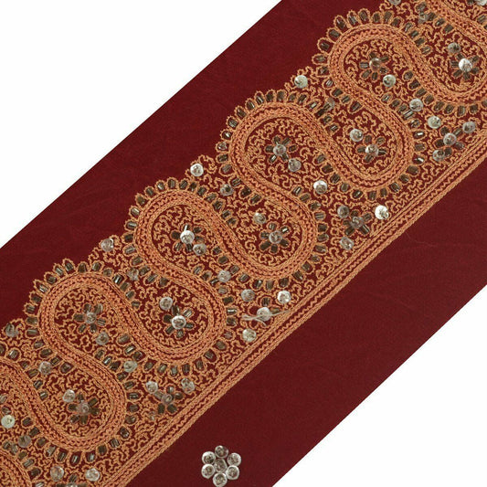 Vintage Saree Border Craft Trim Antique Lace Hand Beaded Embroidered Maroon