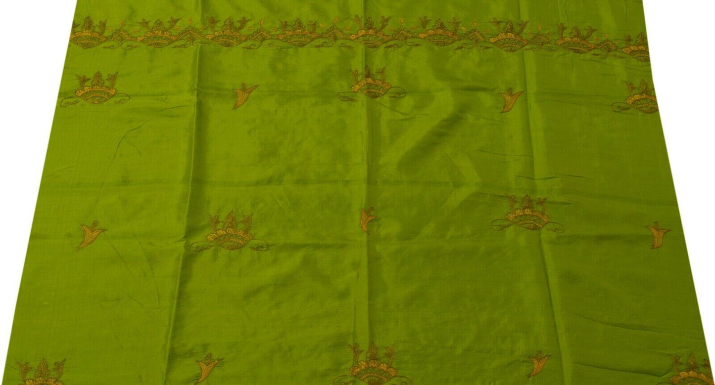 Vintage Saree Remnant Scrap Multi Purpose Craft Thread Embroidered Green Fabric