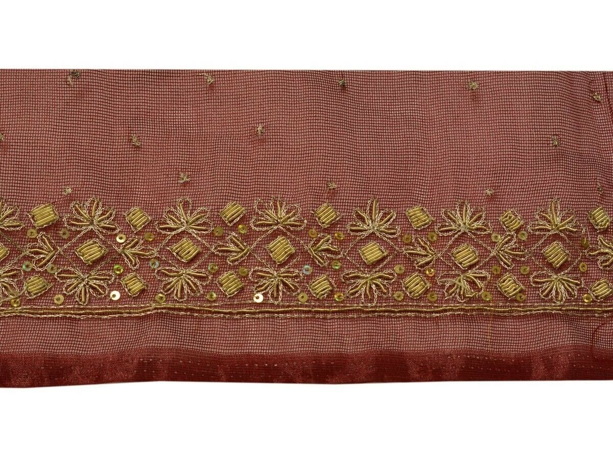 Vtg Saree Border Indian Craft Trim Hand Beaded Zardozi Embroidered Lace Maroon