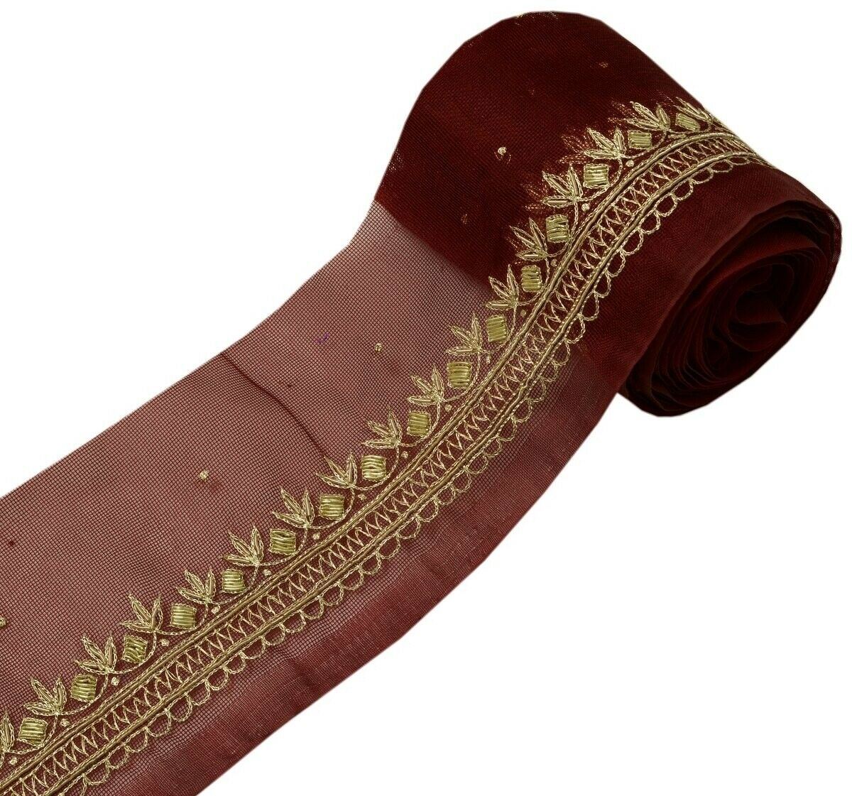 Vintage Sari Border India Craft Trim Hand Beaded Zardozi Embroidered Lace Maroon