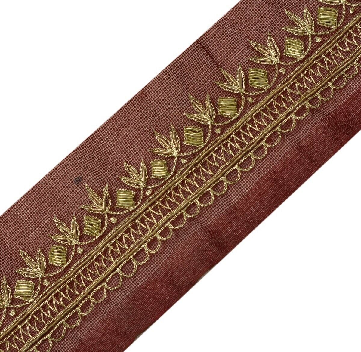 Vintage Sari Border India Craft Trim Hand Beaded Zardozi Embroidered Lace Maroon