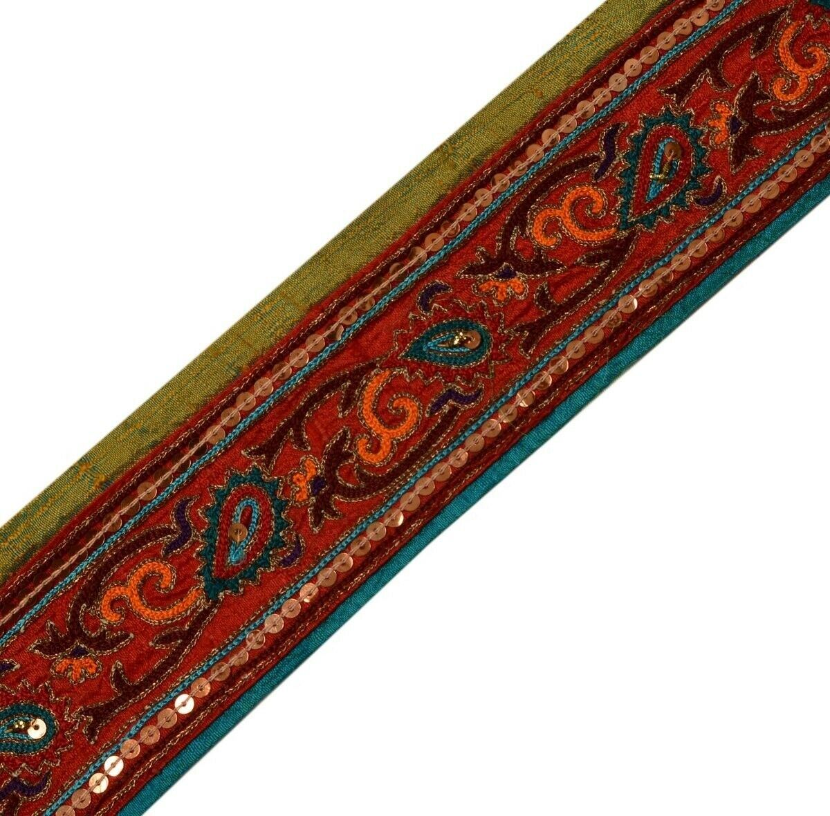 Vintage Saree Border Indian Craft Trim Embroidered Dark Red Sewing Ribbon Lace