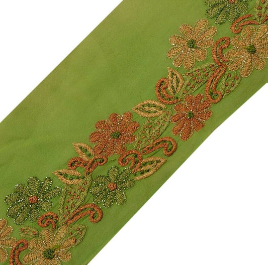 Vintage Saree Border Indian Craft Trim Hand Embroidered Floral Green Ribbon Lace