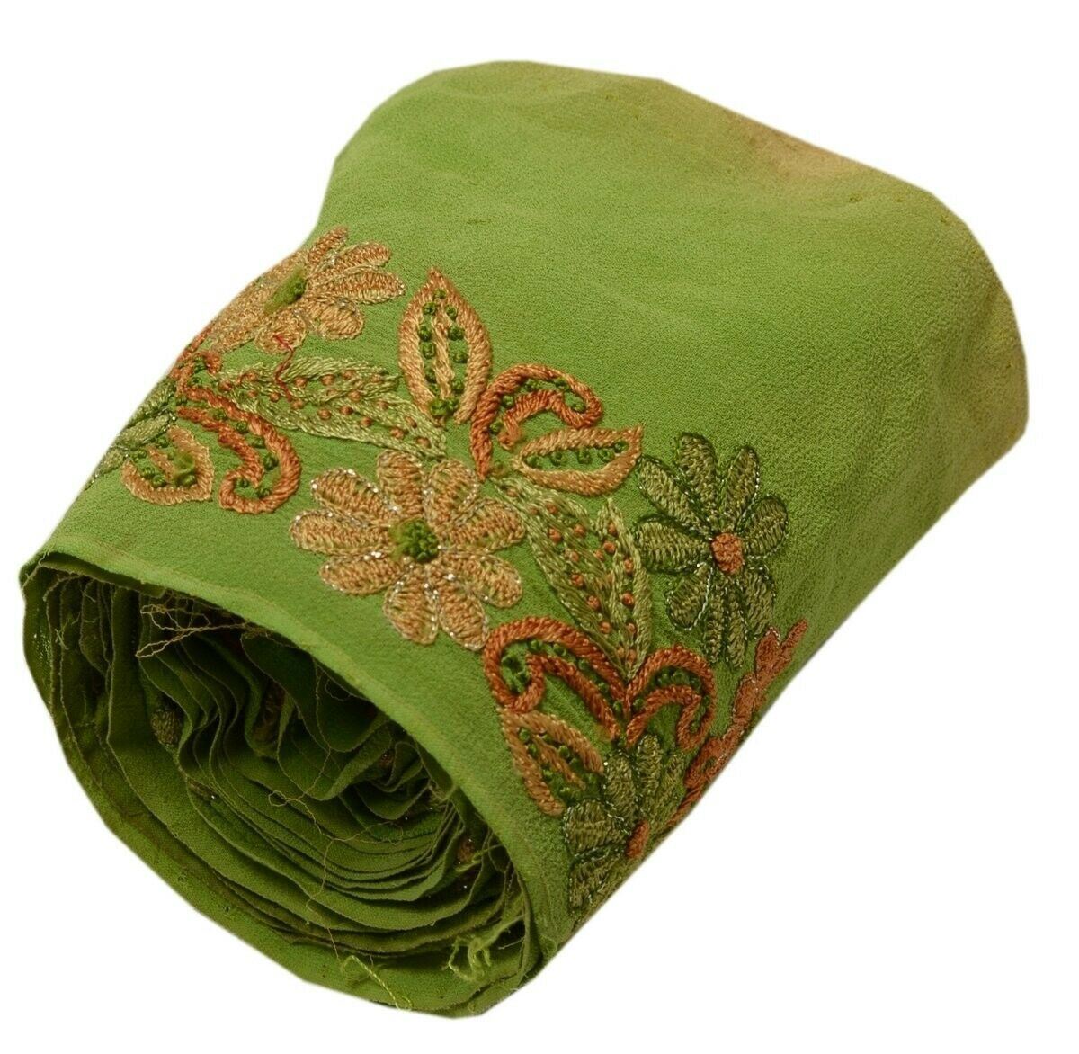 Vintage Saree Border Indian Craft Trim Hand Embroidered Floral Green Ribbon Lace