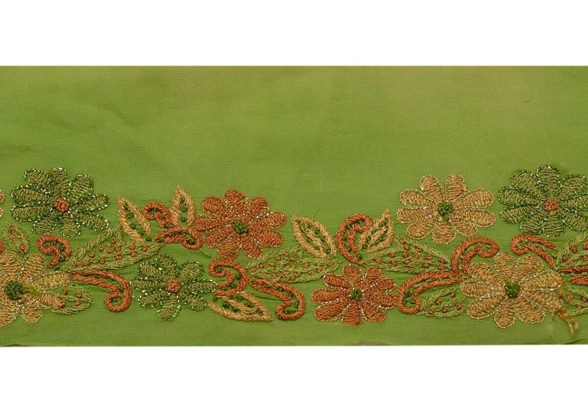 Vintage Saree Border Indian Craft Trim Hand Embroidered Floral Green Ribbon Lace