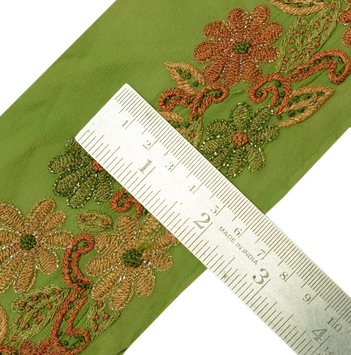 Vintage Saree Border Indian Craft Trim Hand Embroidered Floral Green Ribbon Lace