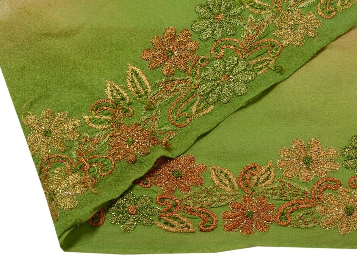 Vintage Saree Border Indian Craft Trim Hand Embroidered Floral Green Ribbon Lace