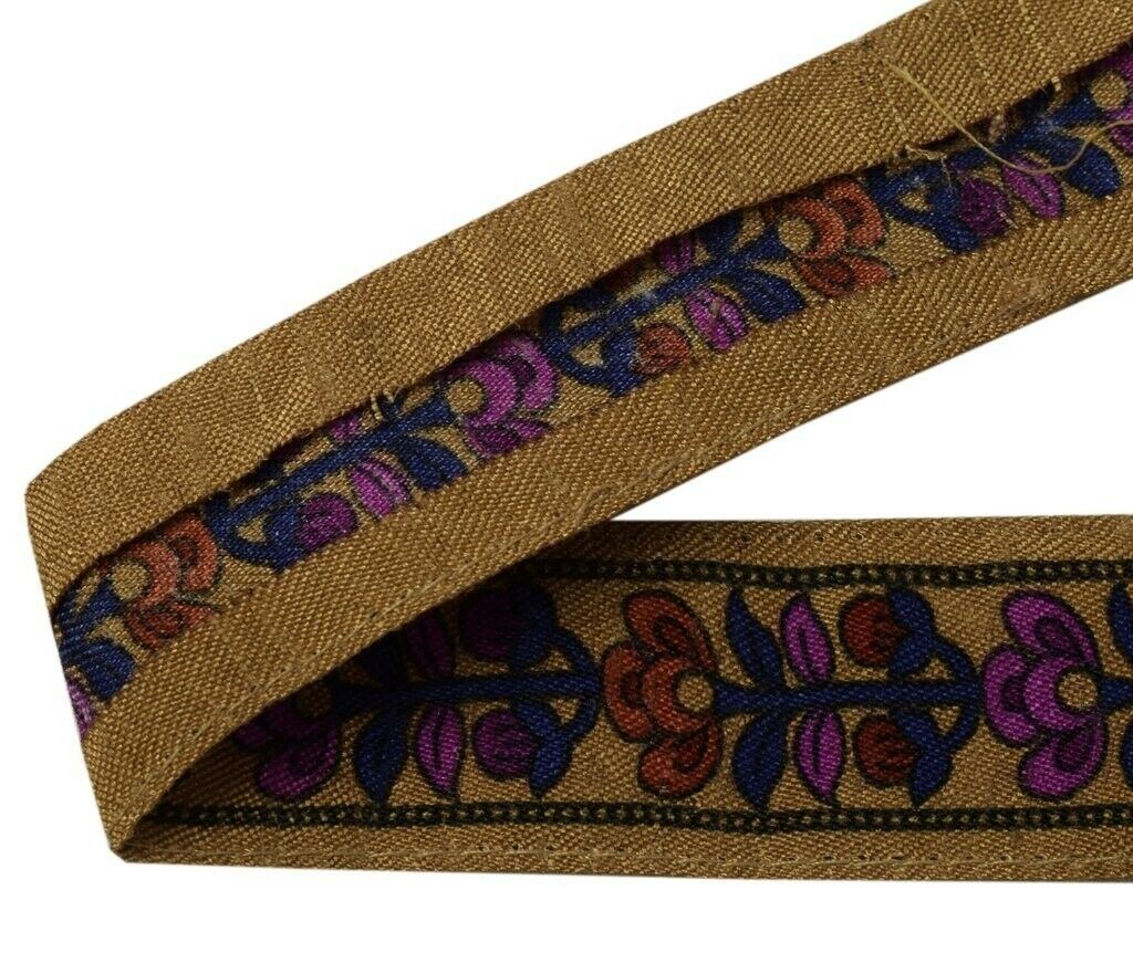 1.25" W Vintage Sari Border Indian Craft Sewing Trim Printed Ribbon Lace Brown