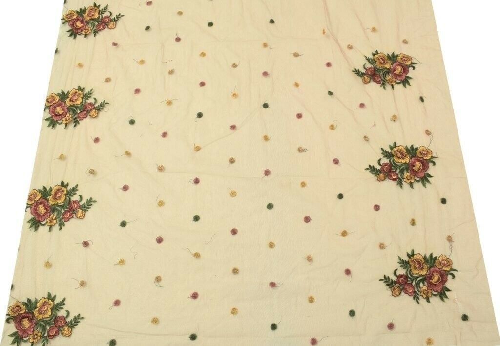 Embroidered Vintage Sari Remnant Scrap Net Fabric for Sewing Craft Brown