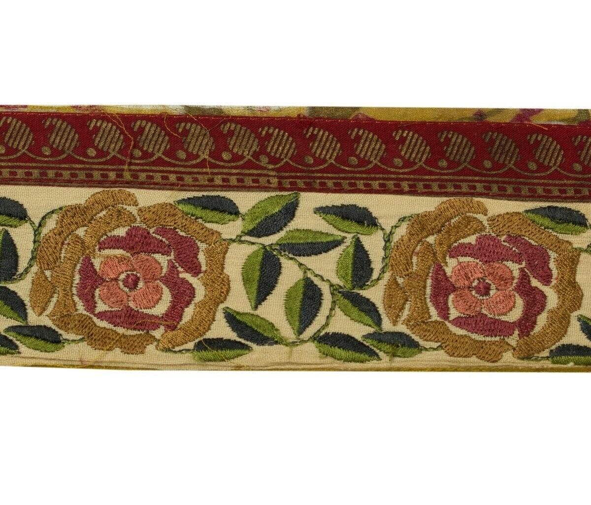 Vintage Sari Border Indian Craft Sewing Trim Embroidered Light Beige Ribbon Lace