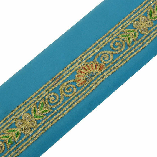 Vintage Saree Border Craft Trim Antique Lace Embroidered Turquoise Blue Ribbon