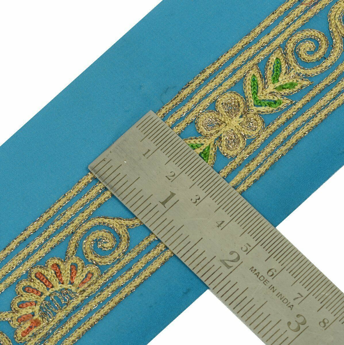 Vintage Saree Border Craft Trim Antique Lace Embroidered Turquoise Blue Ribbon