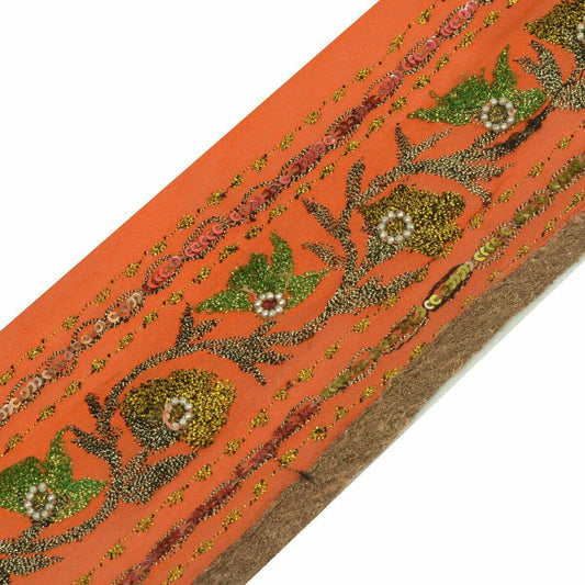 Vintage Saree Border Indian Craft Trim Antique Lace Embroidered Beaded Orange