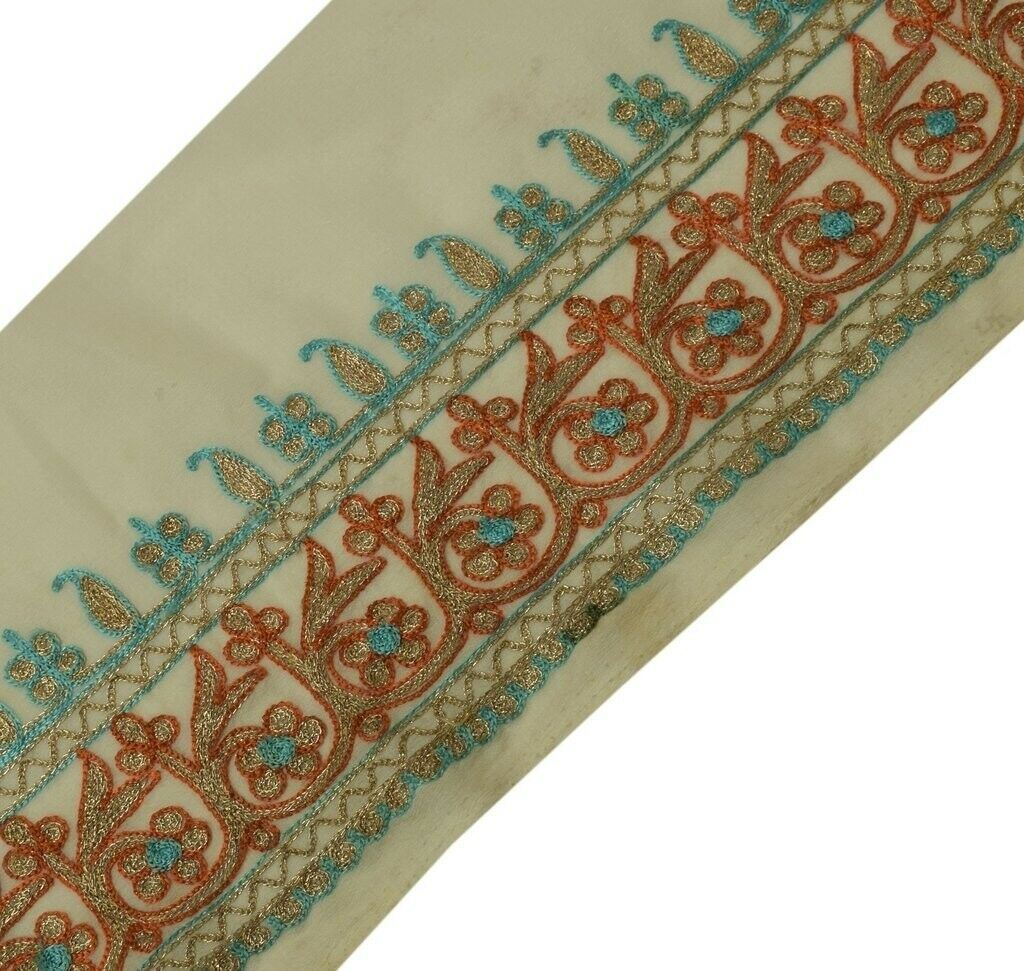 Vintage Sari Border Indian Craft Sewing Trim Embroidered Ribbon Lace Cream