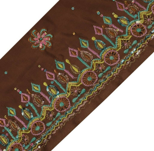 Vintage Sari Border Indian Craft Trim Hand Beaded Embroidered Ribbon Lace Brown