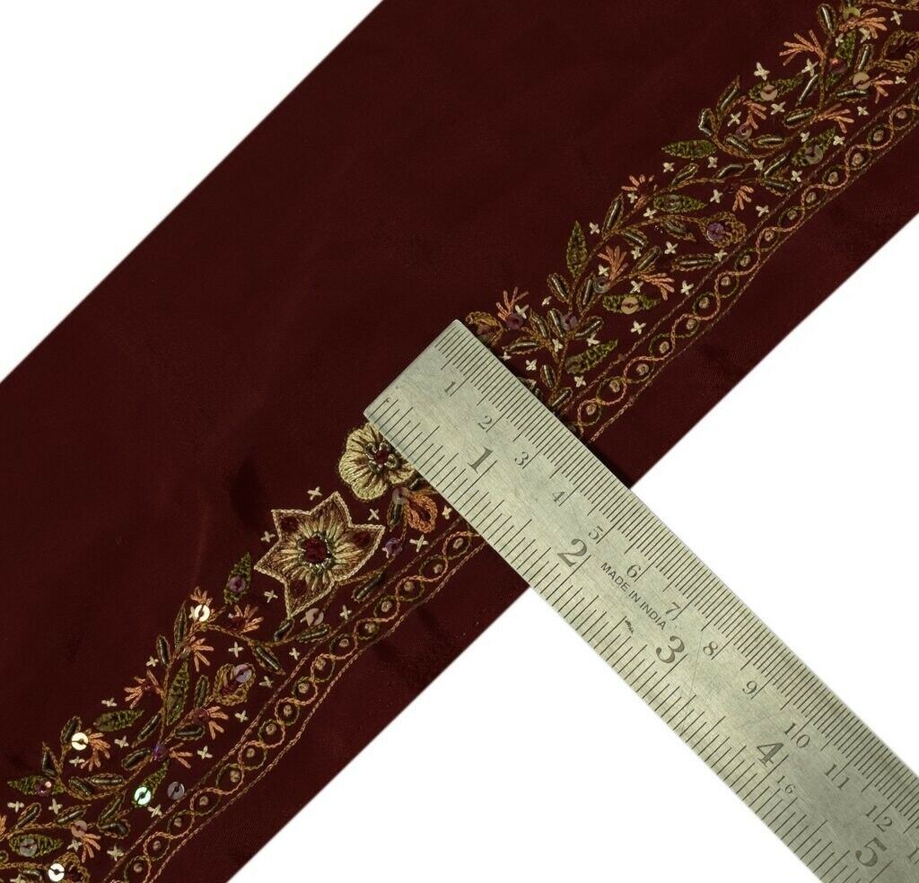 Vintage Sari Border Indian Craft Trim Hand Beaded Embroidered Ribbon Lace Maroon