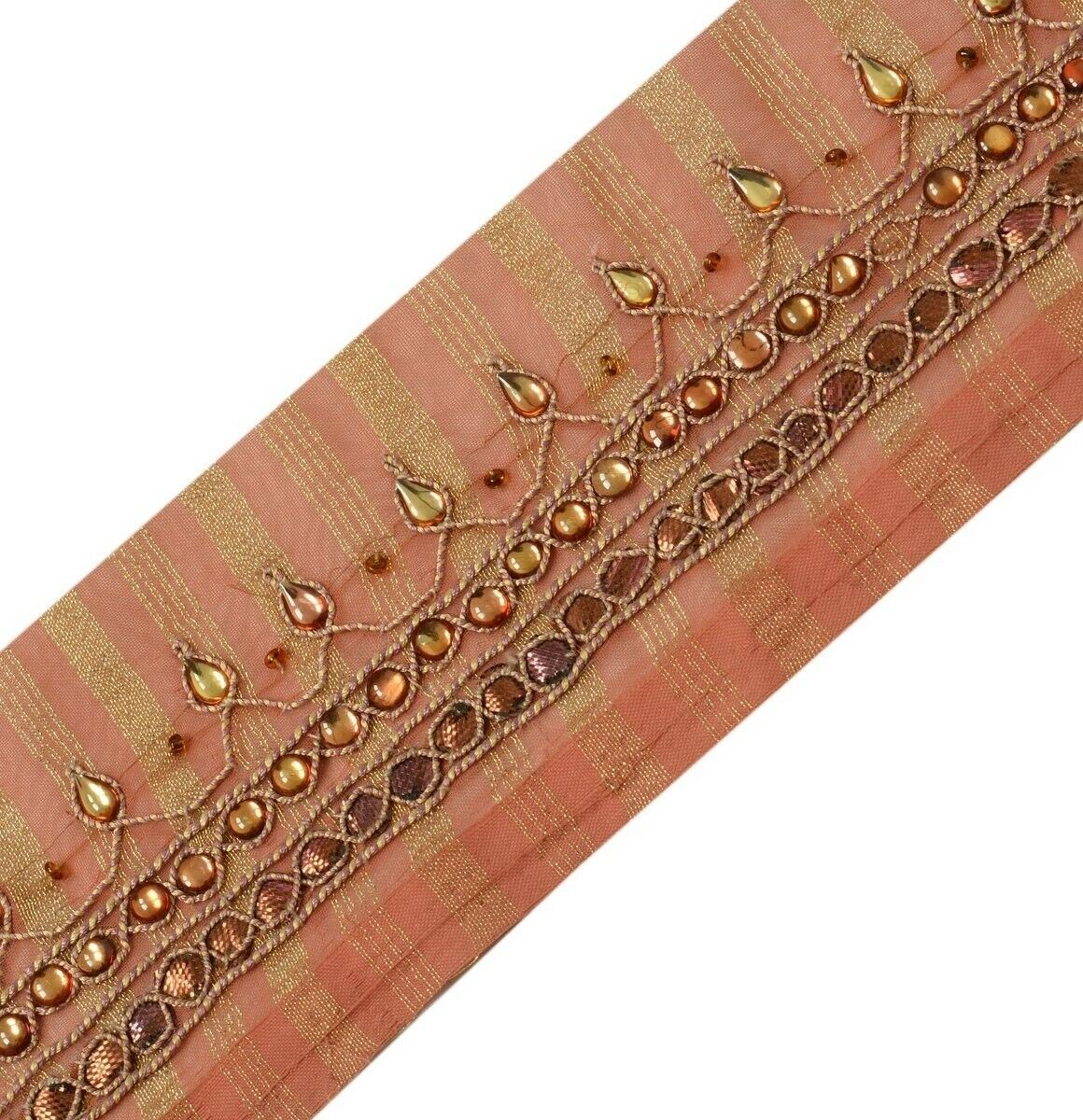 Vintage Sari Border Indian Craft Trim Hand Beaded Stones Gota Patti Lace Peach