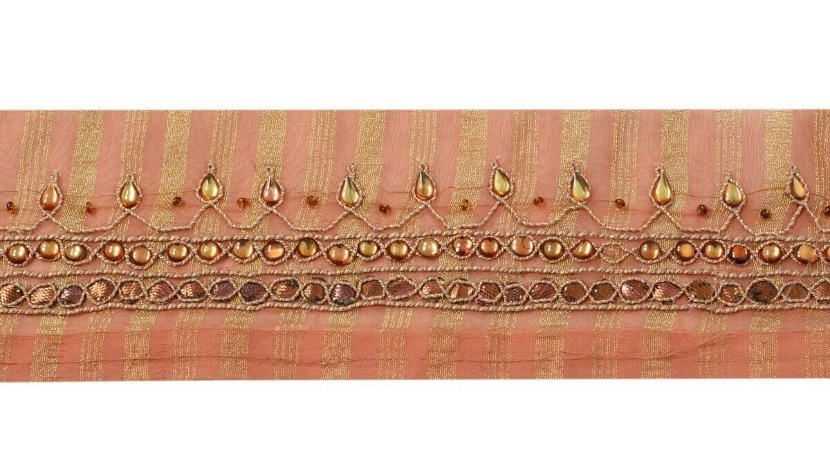 Vintage Sari Border Indian Craft Trim Hand Beaded Stones Gota Patti Lace Peach