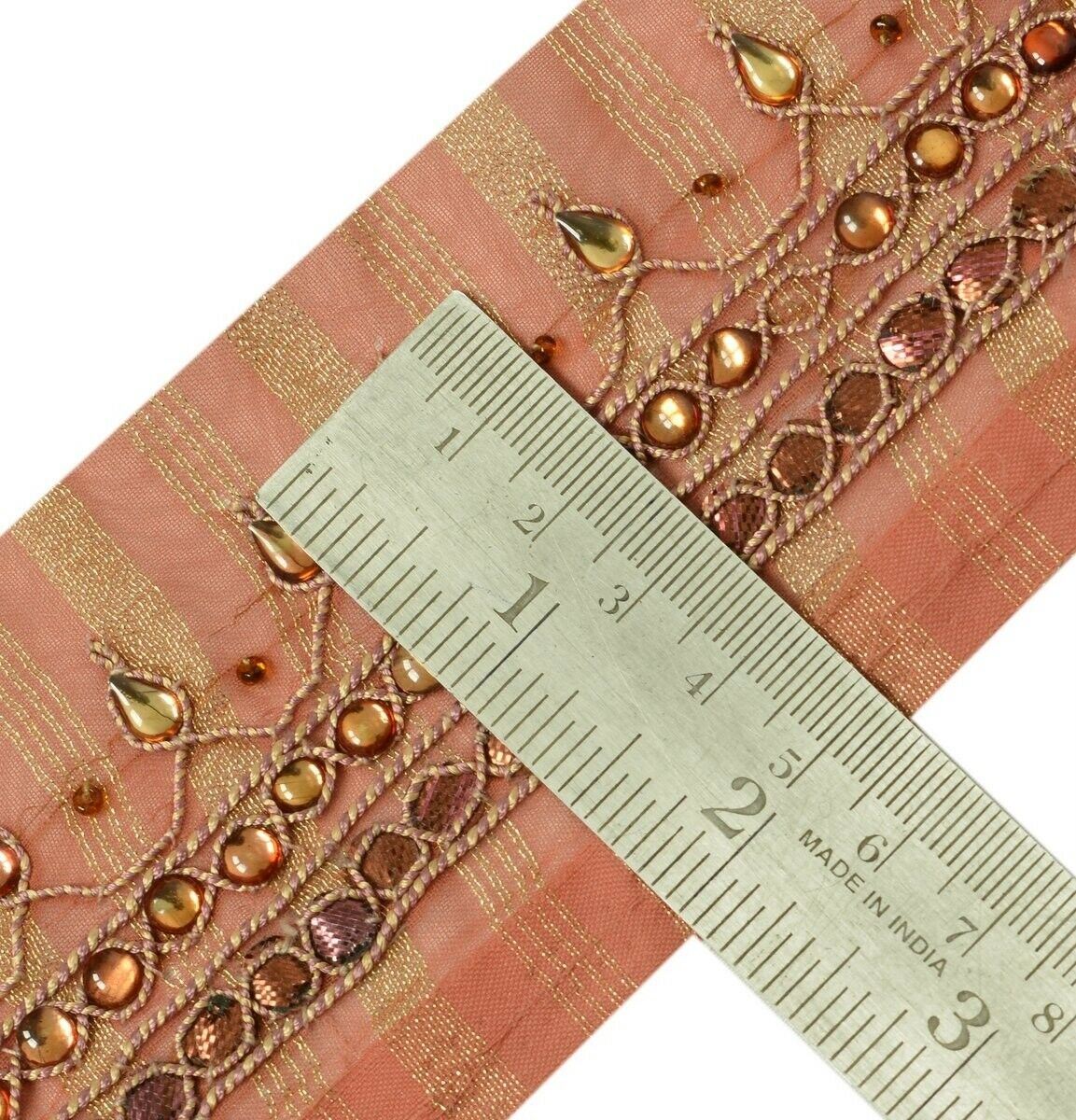 Vintage Sari Border Indian Craft Trim Hand Beaded Stones Gota Patti Lace Peach