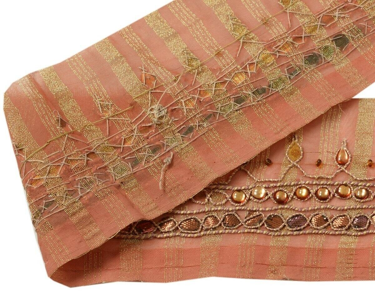 Vintage Sari Border Indian Craft Trim Hand Beaded Stones Gota Patti Lace Peach