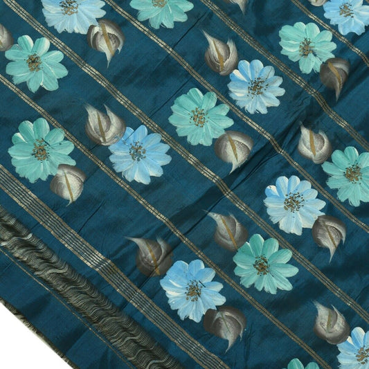 Vintage Saree Multi Purpose Fabric Piece for Sew Craft Hand Painted Floral Blue