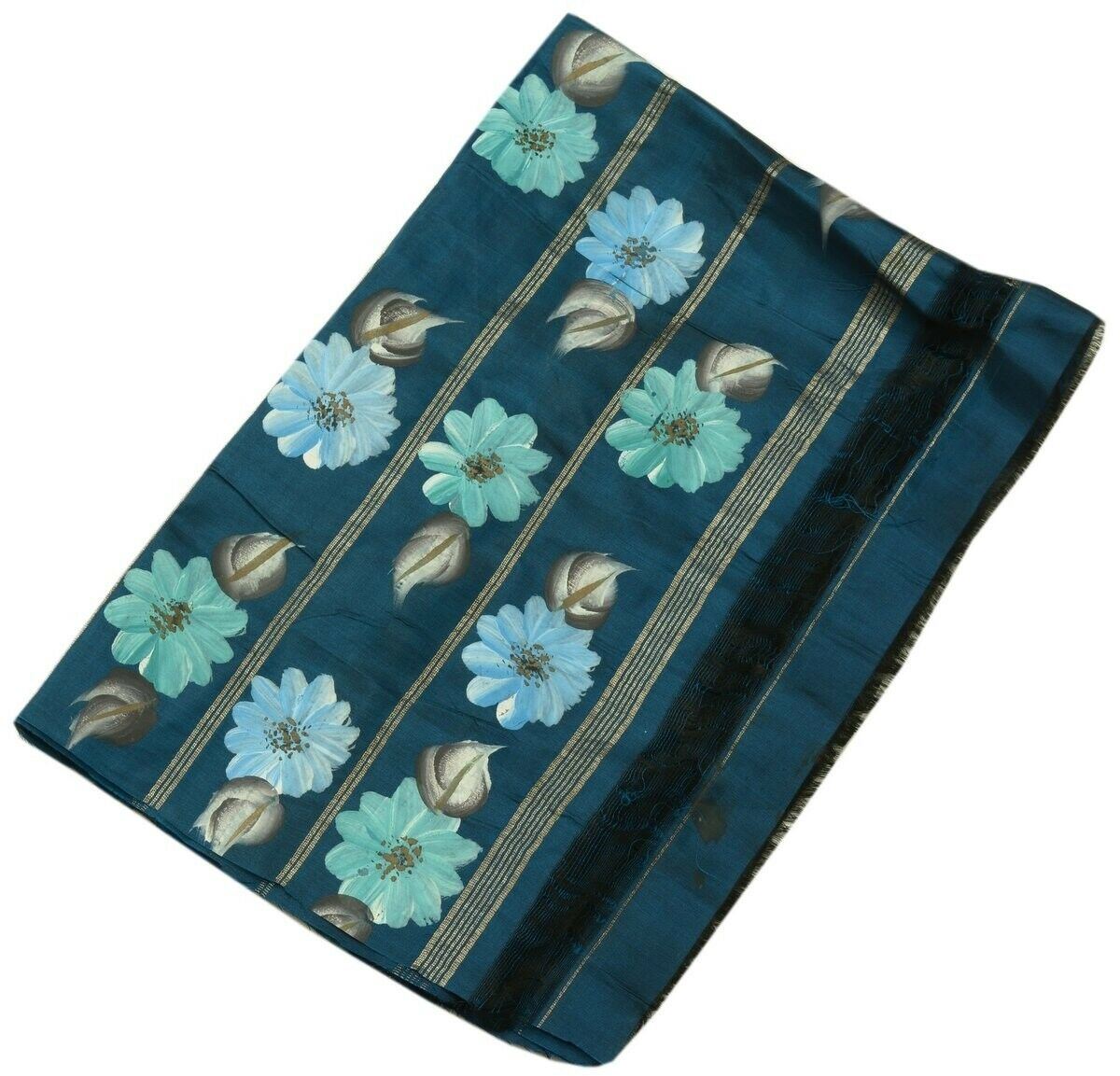 Vintage Saree Multi Purpose Fabric Piece for Sew Craft Hand Painted Floral Blue