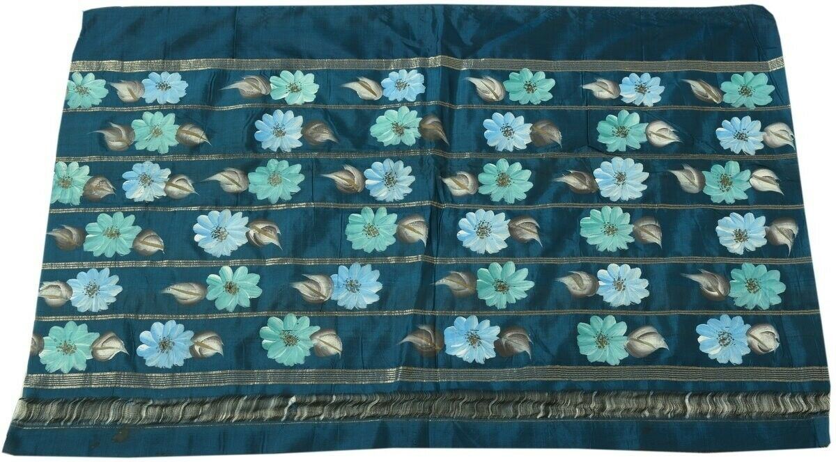 Vintage Saree Multi Purpose Fabric Piece for Sew Craft Hand Painted Floral Blue