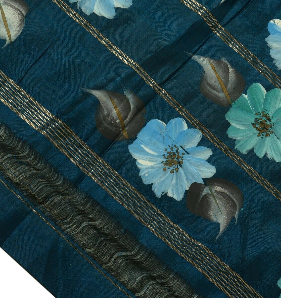 Vintage Saree Multi Purpose Fabric Piece for Sew Craft Hand Painted Floral Blue