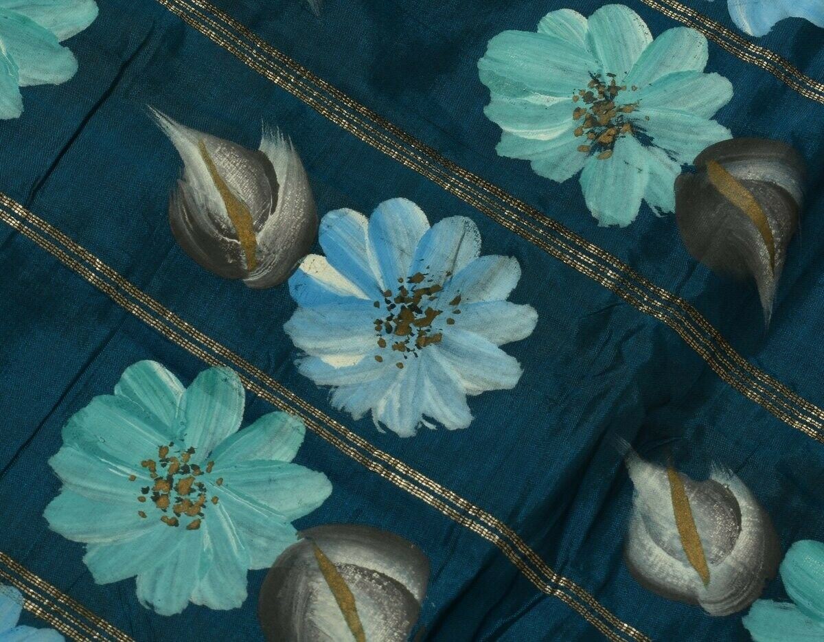 Vintage Saree Multi Purpose Fabric Piece for Sew Craft Hand Painted Floral Blue