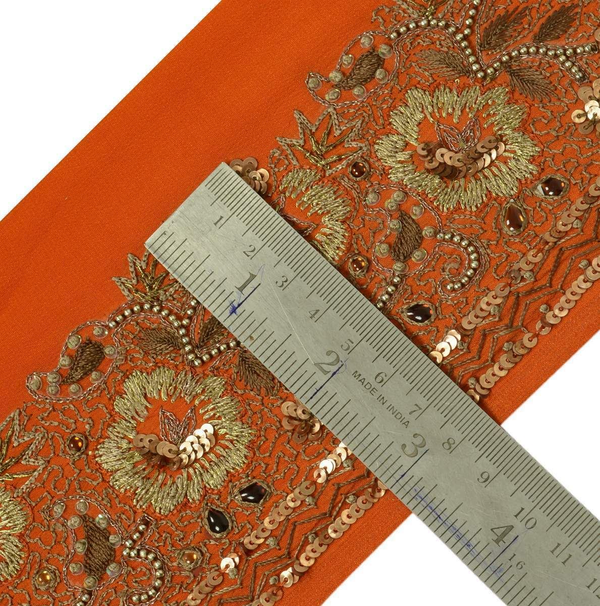 Vintage Sari Border Indian Craft Trim Embroidered Beaded Rust Lace Ribbon