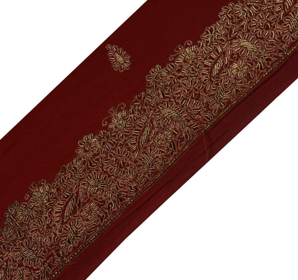 Vintage Sari Border Indian Craft Trim Hand Beaded Embroidered Maroon Lace Ribbon