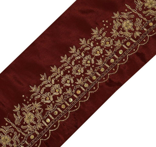 Vintage Sari Border Indian Craft Trim Hand Beaded Embroidered Ribbon Lace Maroon