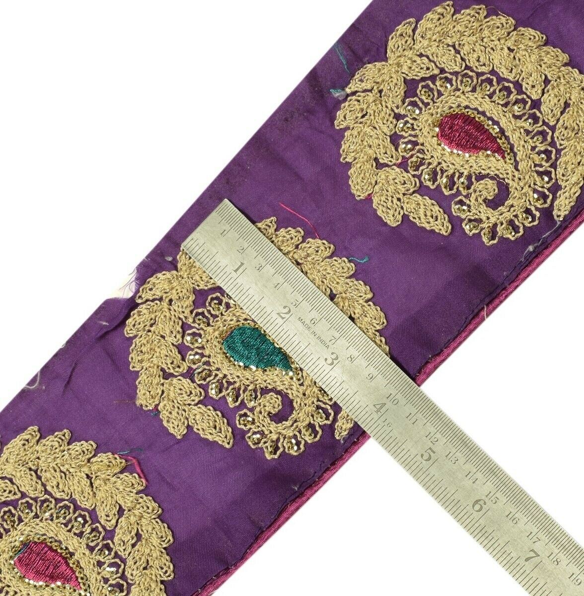 Vintage Sari Border Indian Craft Trim Embroidered Rope Stitch Purple Ribbon Lace