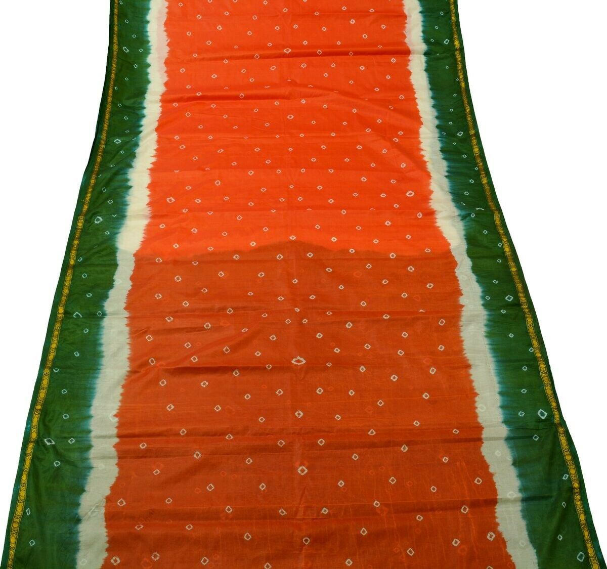 Vintage Orange Scrap Saree Indain Art Silk Printed Craft Sari Remnant Fabric