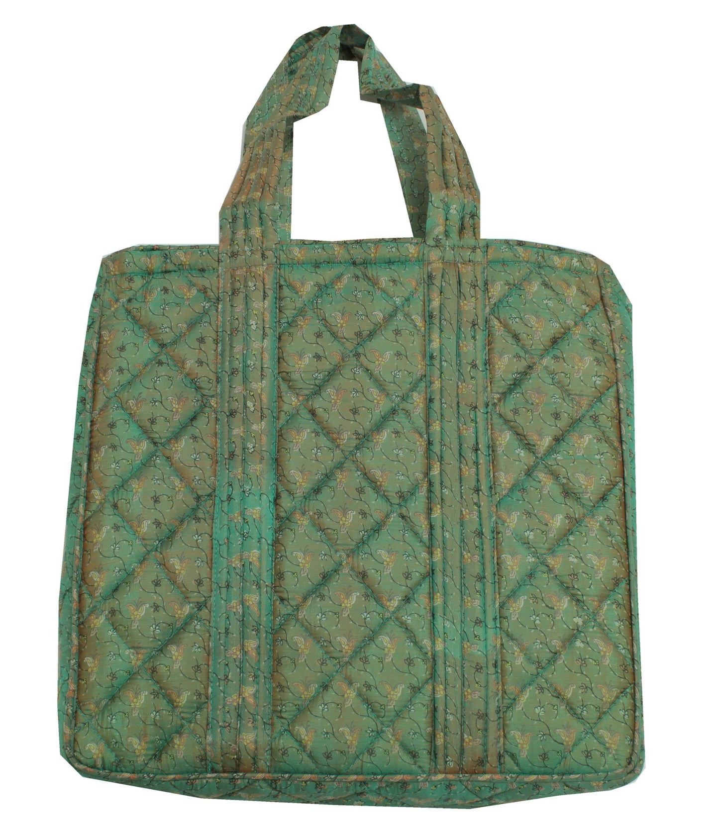 Sushila Vintage Green Tote Bag 100% Pure Silk Printed Handbag Shoulder Bag